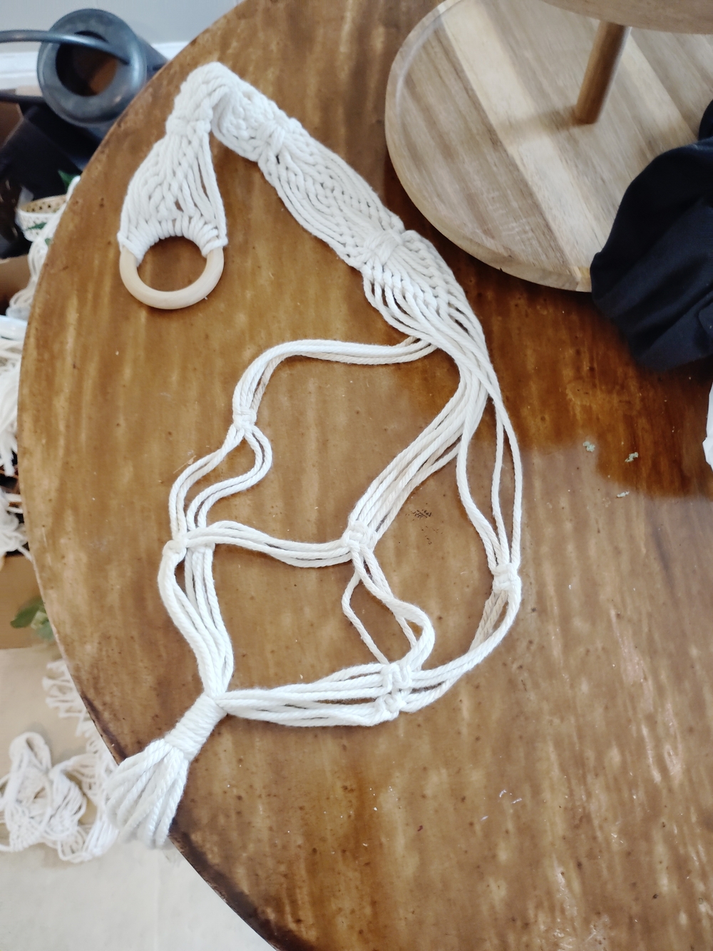 Handmade White Macramé Necklace with Wooden Ring